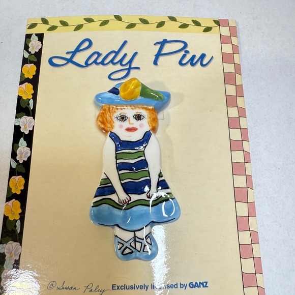GANZ Susan Paley Lady Pin Louisa Girl Blue Hat Striped Dress Brooch - Picture 9 of 14